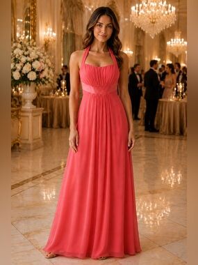 Alfred Angelo Coral Halter Chiffon Formal Gown Dress Size 6